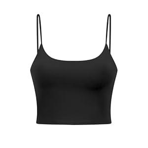Women's Light Support Sports Bra Scoop Neck Slim Fit Crop Top with Removable Pads Thin Straps Yoga Workout Bra Black, 12