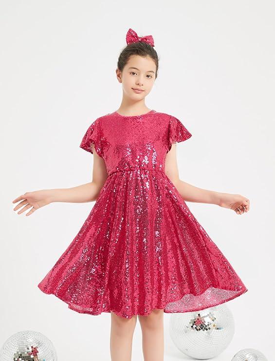EXARUS Girls Sparkly Dresses Ruffle Sleeve Glitter Sequin Crew Neck A-Line/Bodycon/Tunic Dress for Girl 6Y