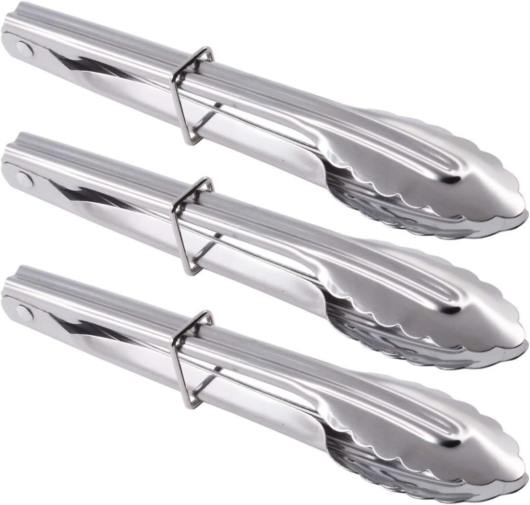 Small Stainless Steel Serving Tongs 7-Inch Salad Tongs, Set of 3 (Silver)