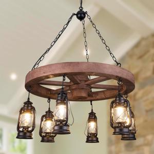 Wellmet Western Wagon Wheel Chandelier with Antique Rustic Lanterns, Farmhouse Chandeliers for Dining Room, Wood Ceiling Light Fixture for Living Room Bedroom Foyer Entryway Cabin