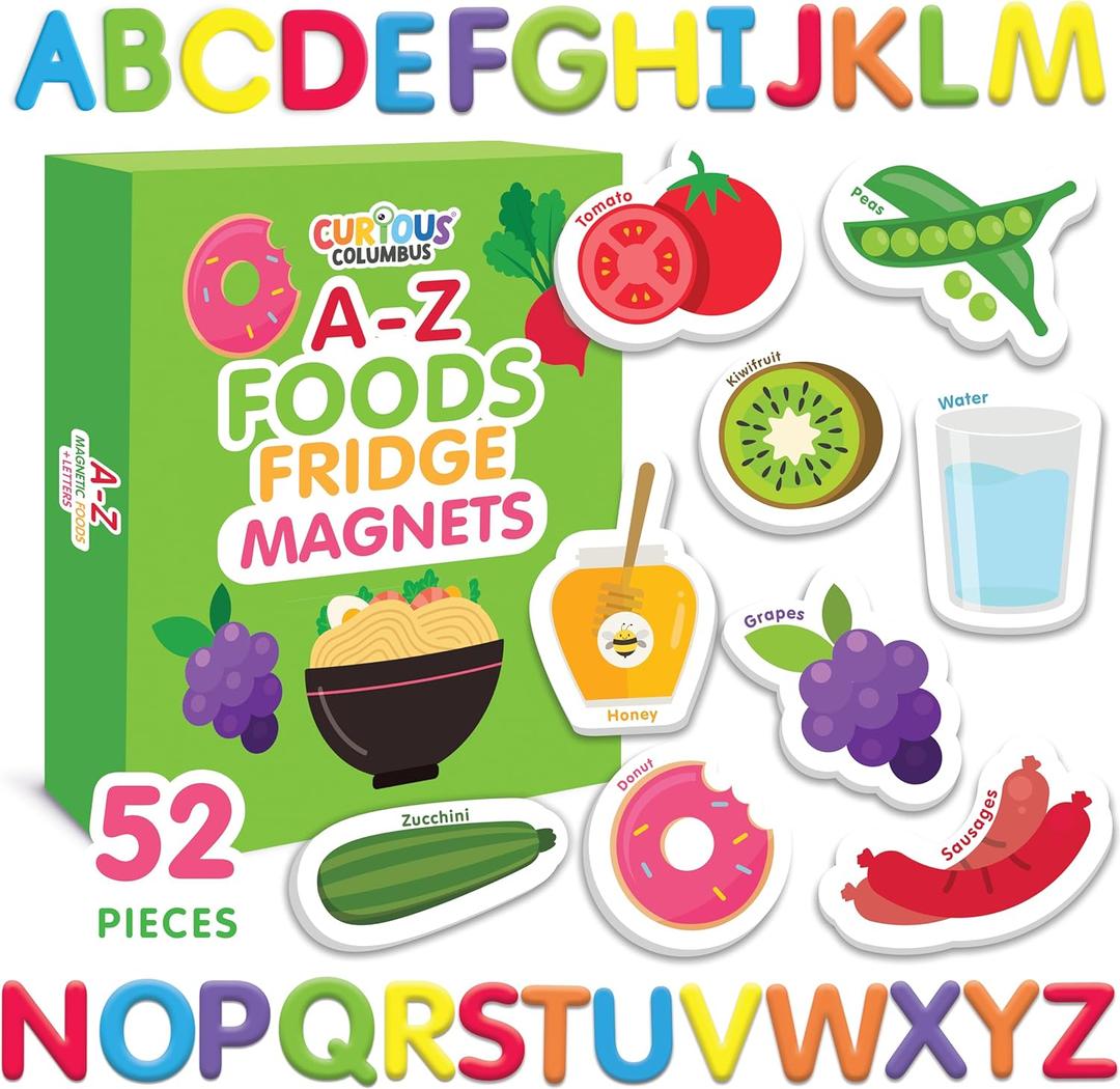 Curious Columbus Learning Magnets  Set of 52 Fridge Magnets for Kids  Includes 26 Large Foam Food Pieces and 26 ABC Alphabet Letters for Learning and Play