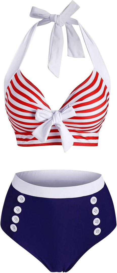 DRESSFO Women's Bikini Set American Flag Halter Two Piece High Waisted Swimsuit Stripe Vintage Tummy Control Bathing Suit (XX-Large, Red)