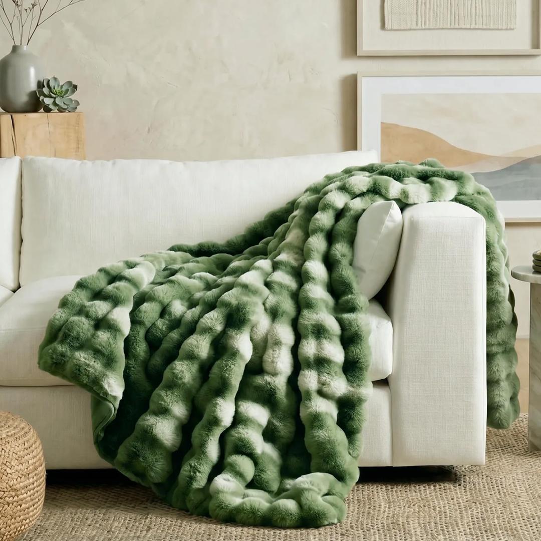 Cozy Bliss Faux Fur Throw for Couch, Fuzzy Soft Plush Thick Bubble Blanket for Sofa Bedroom Living Room, 50x60 Inches Tie-dye Olive Green