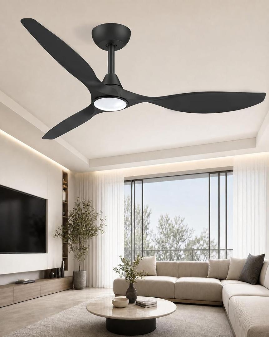 Roomratv Ceiling Fans with Lights, 52 Inch BLack Ceiling Fan, Remote Control,Quiet Reversible DC Motor,Dimmable,6 Speeds,Easy to Install,Modern Ceiling Fans for Bedroom,Living Room,Indoor,Outdoor, 52 inches-3 blades