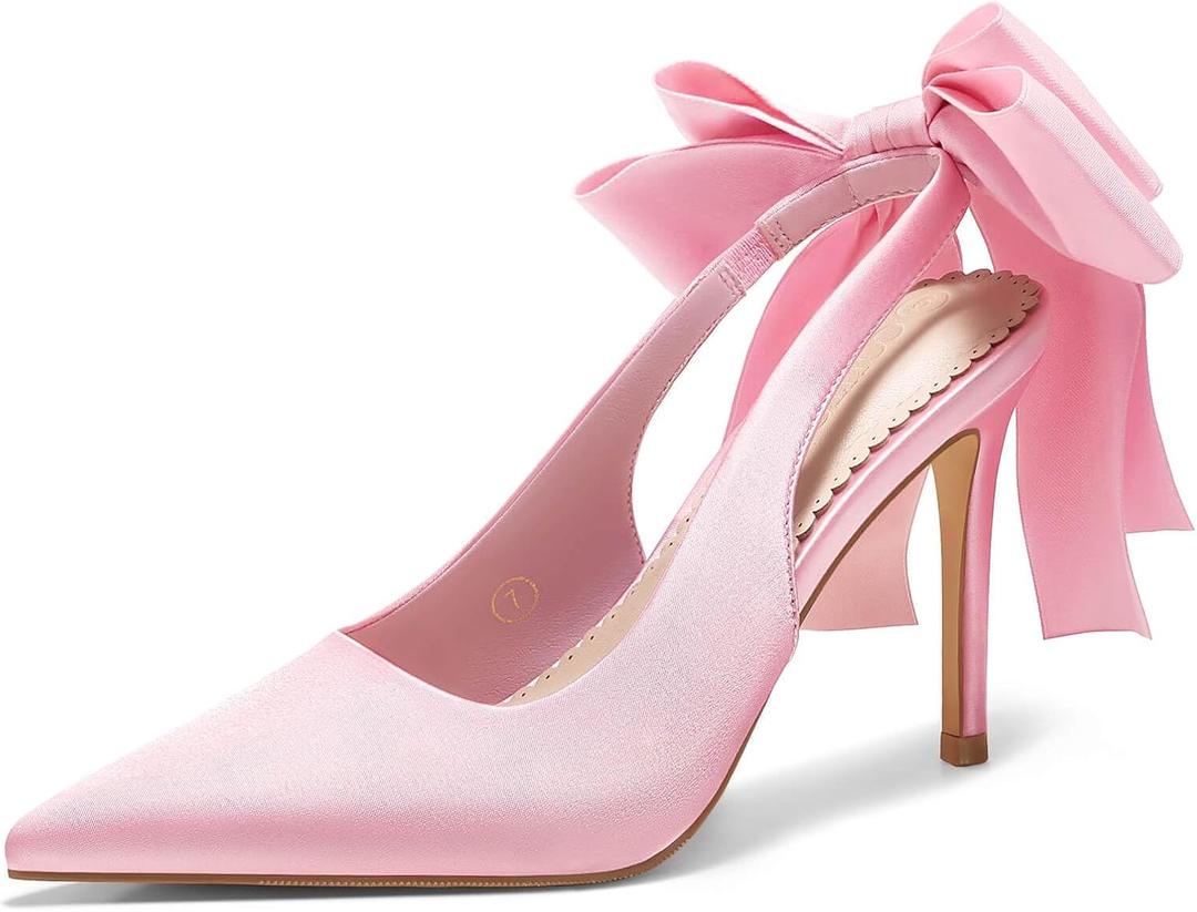 Coutgo Womens Slingback High Heels with Bow Closed Pointed Toe Wedding Bride Dress Shoes Satin Pumps, Pink, Size 9.5
