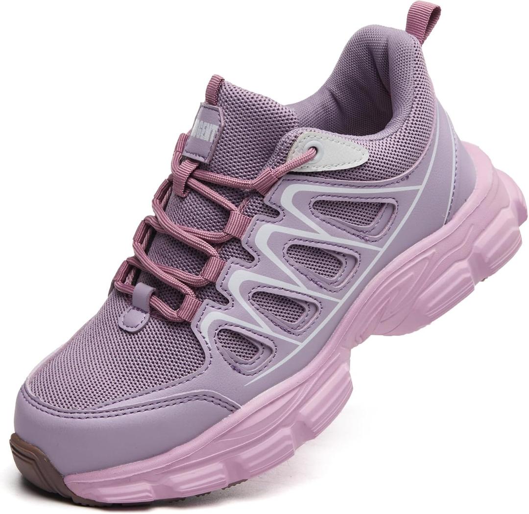 Hogent Steel Toe Shoes for Women Men Wide Non Slip Work Sneakers Indestructible Shoes Lightweight Breathable Construction Sneakers Puncture Proof Ergonomic Design (Whitepurple, 35)