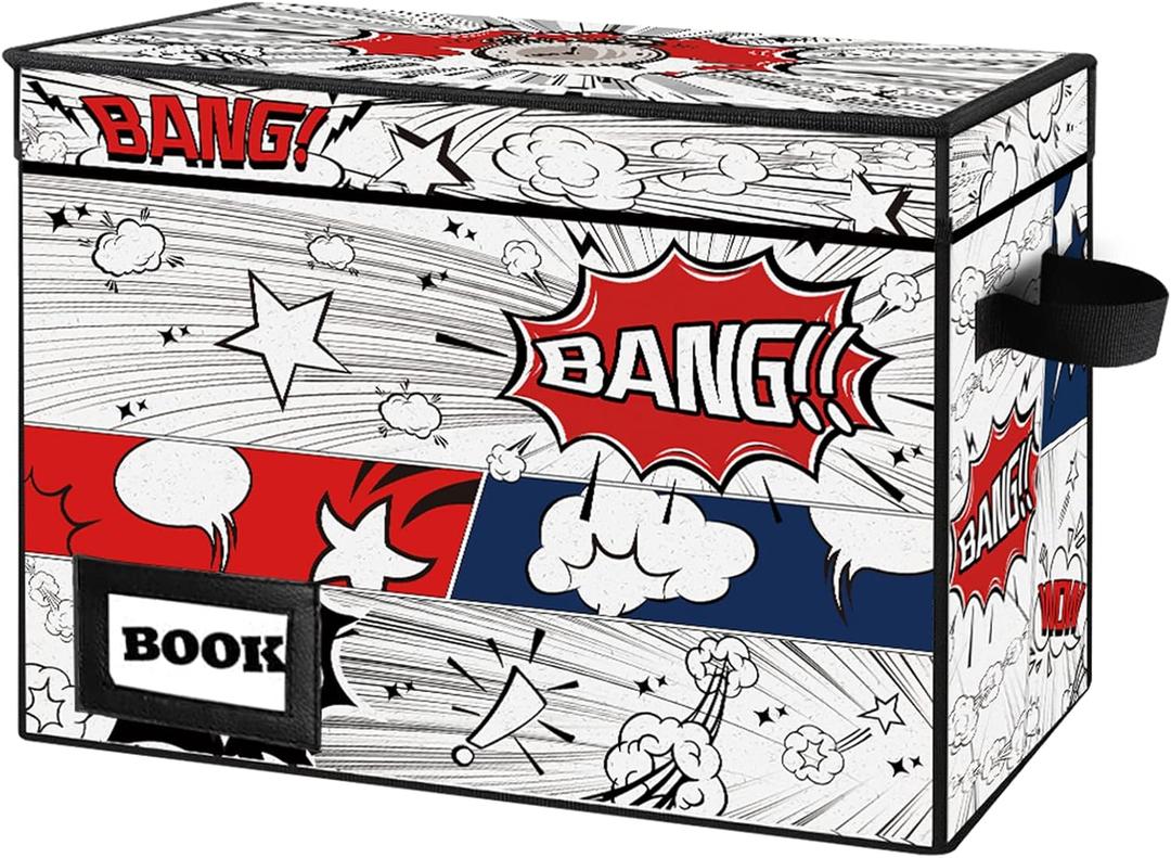 Comic Book Storage Box, 15.8" X 7.8" X 11.8", Heavy Duty Collapsible Holds 160-180 Comic Book Bin Container Holder Shelf (Cartoon Clock)