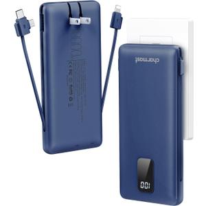 Charmast Portable Charger with Built-in Cables and Plug, 10000mAh USB C Power Bank Fast Charging 15W, External Battery Pack Slim, Travel Essentials Compatible with 16 15 14 13, Samsung Galaxy, iPad (Navy)