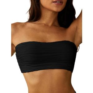 ZAFUL Women Textured Bandeau Bikini Top Lace up Strapless Swimsuit Solid Color High Cut Bathing Suits Top Only (Large, 0-black)