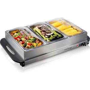 Nutrichef Professional Stainless Steel Buffet Warmer Server with 3 Trays - Portable Hot Plate Food Warmer Station for Parties & Events - Easy to Clean - 3 See-Through lids - Max Temperature 175F