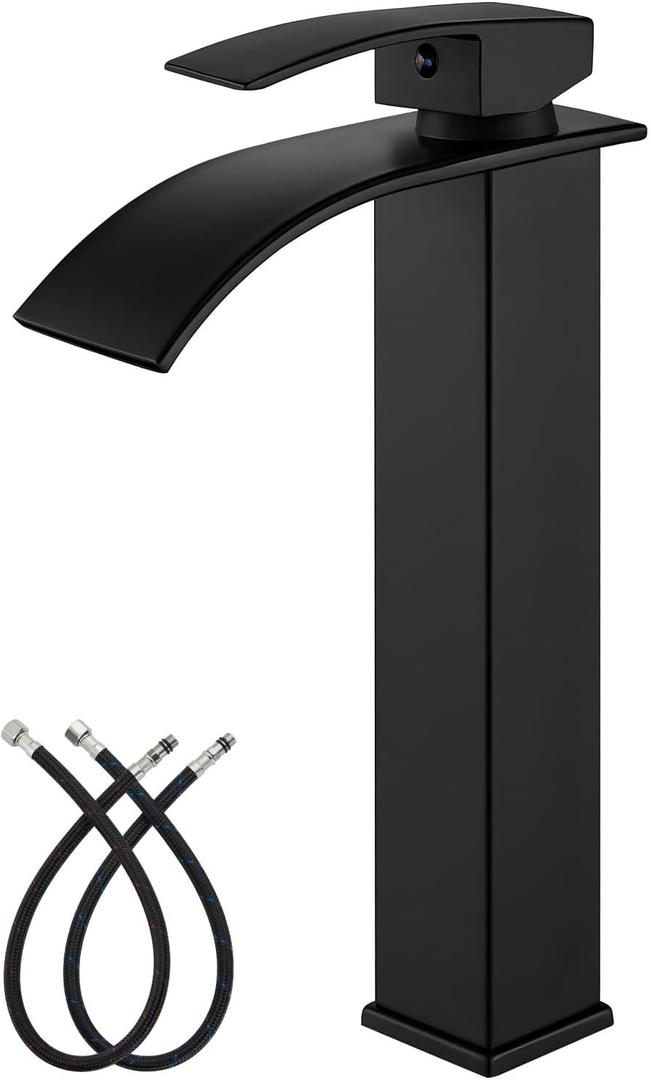 gotonovo Waterfall Tall Bathroom Faucet Single Handle Bathroom Faucets for Sink 1 Hole Stainless Steel Vessel Sink Faucet Modern Mixer Tap Wash Basin Faucet Without Pop Up Drain, Matte Black