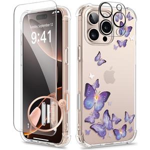 GVIEWIN for iPhone 16 Pro Max Case Floral, with Screen Protector&Camera Lens Protector,[Non Yellowing] Slim Shockproof Clear Phone Protective Cover for Women,Flower Pattern 6.9"(Alluring Butterfly)