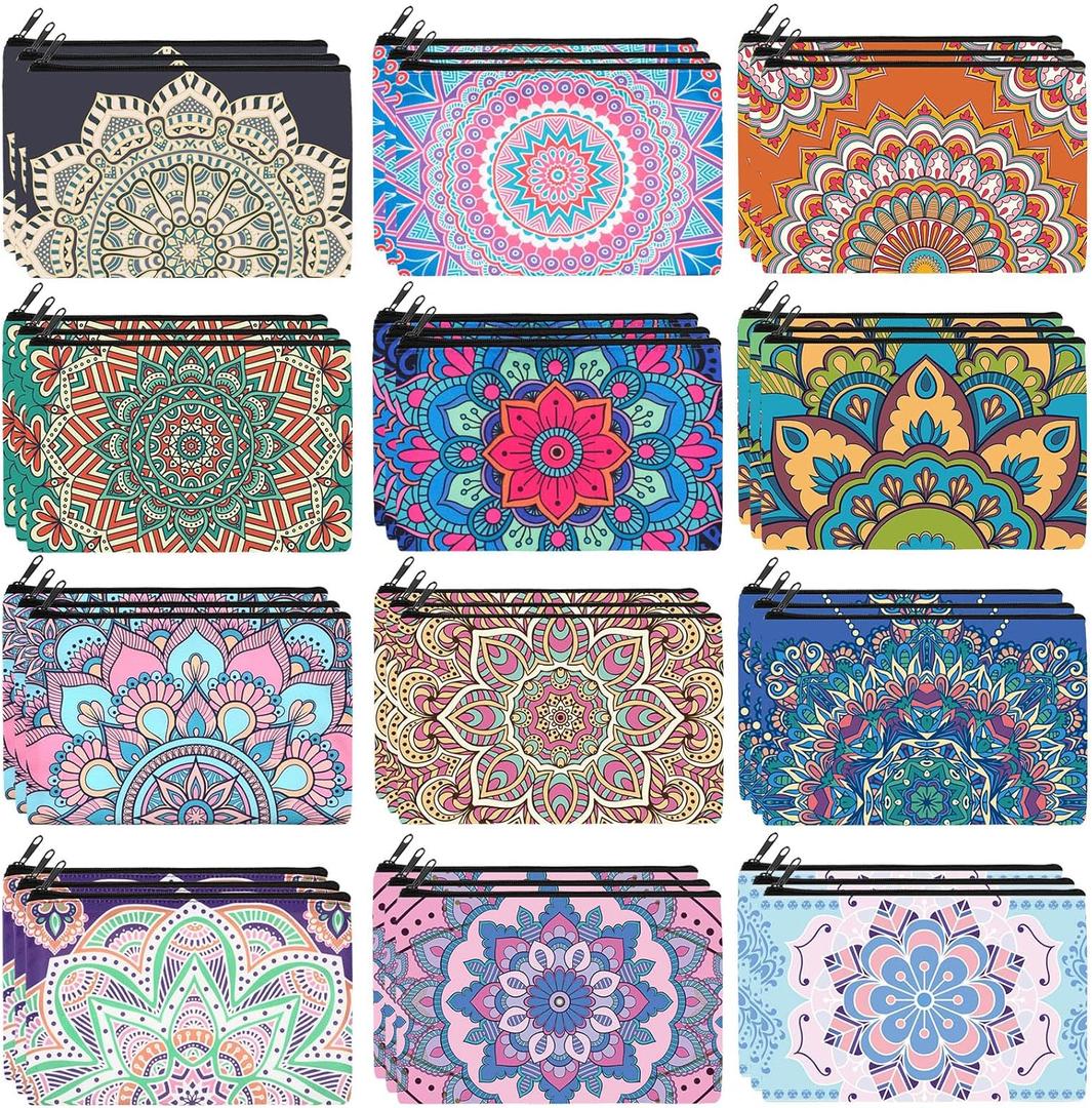 Hillban 36 Pcs Mandala Makeup Bags Bohemian Cosmetic Bags for Women Mandala Flowers Travel Toiletry Pouch with Zipper Portable Organizer Pouch for Cosmetics Makeup Brushes, 12 Styles