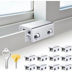 Sliding Window Locks (10 Sets), Security Window Locks with Keys, Adjustable Aluminum Sliding Window Stops, Easy Installation Without Drilling, for Vertical and Horizontal Sliding Windows (Silver)