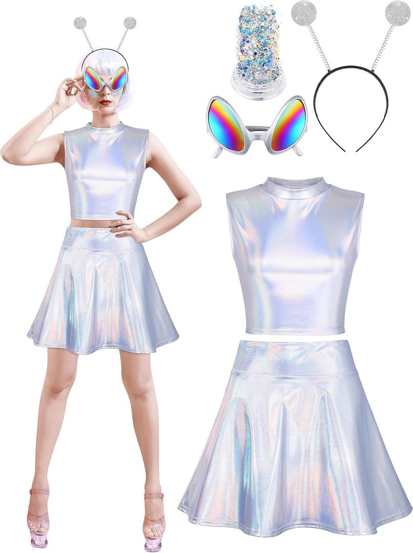 SOMSOC Alien Costume Metallic Top Sleeveless Crop Tank Top Pleated Skirt with Headband Glasses Glitter for Halloween Cosplay (Small)
