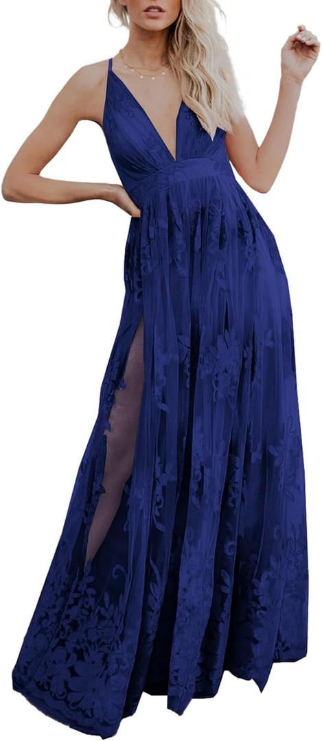 Dokotoo Womens Formal Dresses Deep V-Neck Embroidered Lace Mesh Evening Party Prom Dress Long Wedding Dress (Small, Blue)
