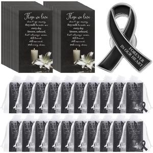 Unittype 30 Set Funeral Ribbon Pins for Mourning Brooch Memorial Lapel Awareness Pin Prayer Cards Organza Bags for Funeral Favors