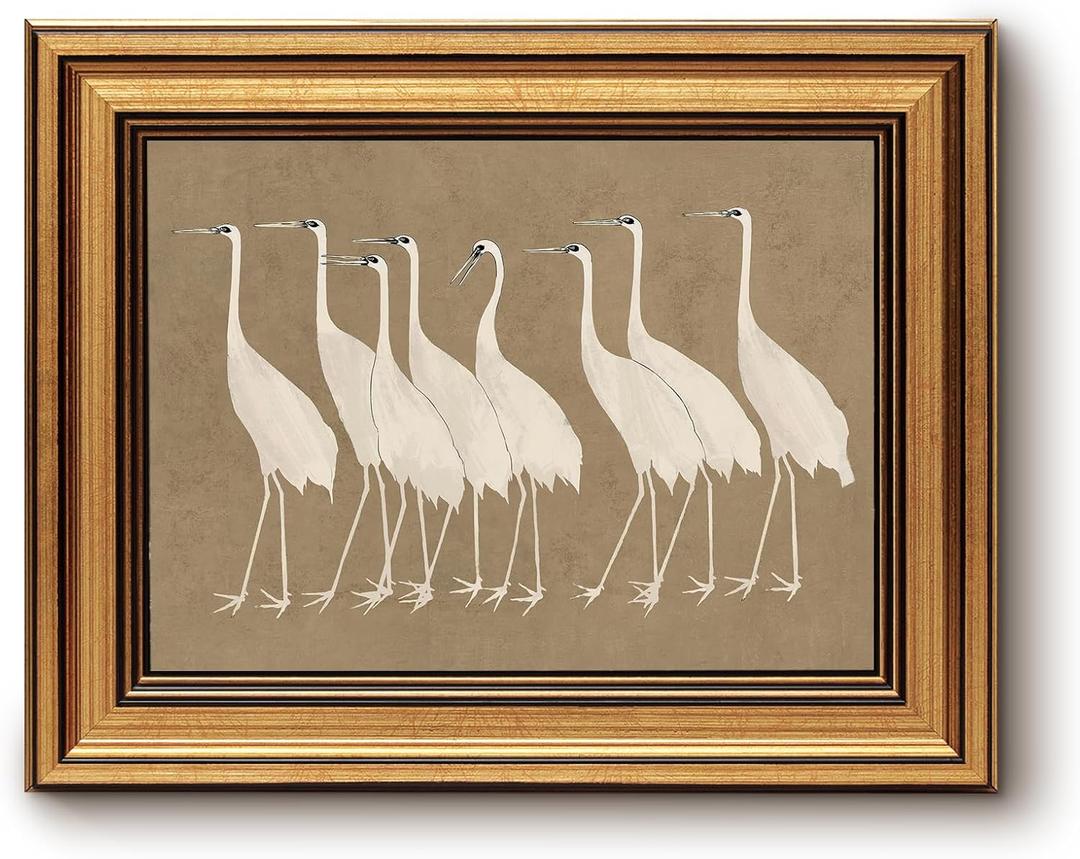 InSimSea Gold Framed Canvas Wall Art, Vintage Wall Decor for Bathroom, Cranes Animals Paintings Farmhouse Decor Aesthetic, Small Minimalist Prints for Bedroom Living Room Shelf Gift, 8x10inch