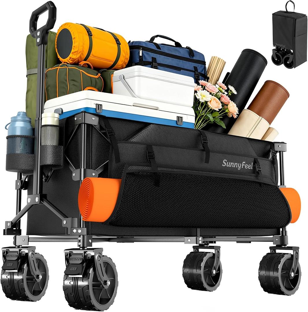 SUNNYFEEL 300L Collapsible Wagon Cart with Big Wheels, 550LBS, Black