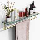 24-Inch Towel Rack with Shelf -Tempered Glass Bathroom Shelf with Towel Bar - Brushed Gold Modern Stainless Steel, Wall Mount Rustproof Tower Holder