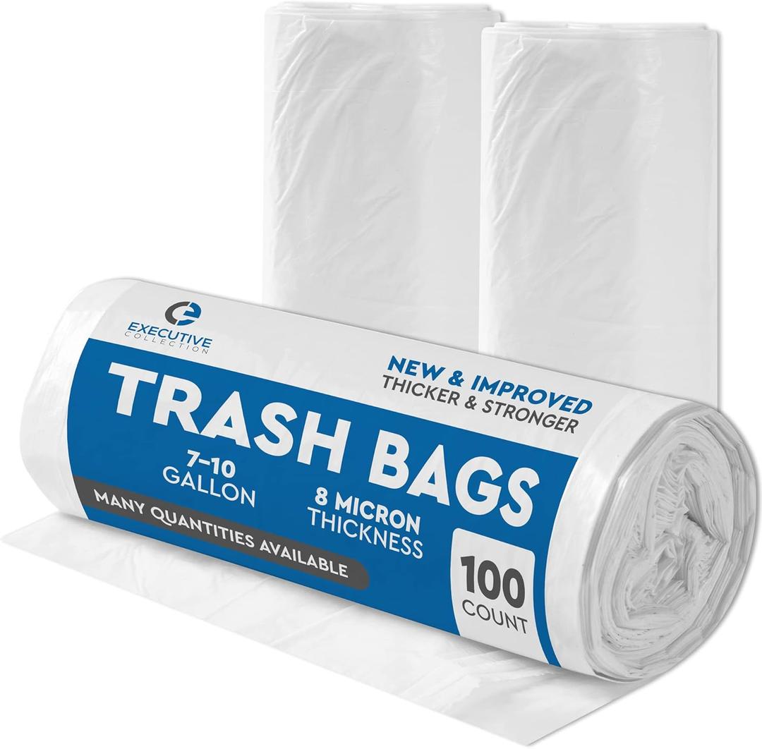 Clear 7-10 Gallon Trash Bags, Bulk Pack - Medium Size Garbage Bin Liners for Office, Bedroom and Kitchen Wastebasket Cans - by Executive Collection (100 Bags)