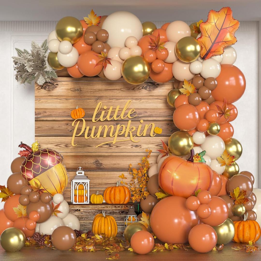 Fall Balloon Garland Arch Kit 137Pcs Orange Coffee Brown Sand White Balloons & Pumpkin Pinecone Maple Leaf Foil Balloon for Thanksgiving Autumn Hello Fall Birthday Little Pumpkin Baby Shower Decor