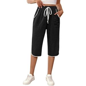 SOFIA'S CHOICE Women's Contrast Binding Capris Pants Cropped Jogger Sweatpants with Pockets Black Large