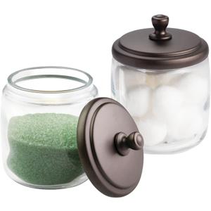mDesign Small Apothecary Organizer Canister Jars - Glass Containers with Steel Lid for Bathroom, Organization Holder for Vanity, Counter, Hamill Collection - 2 Pack - Clear/Bronze
