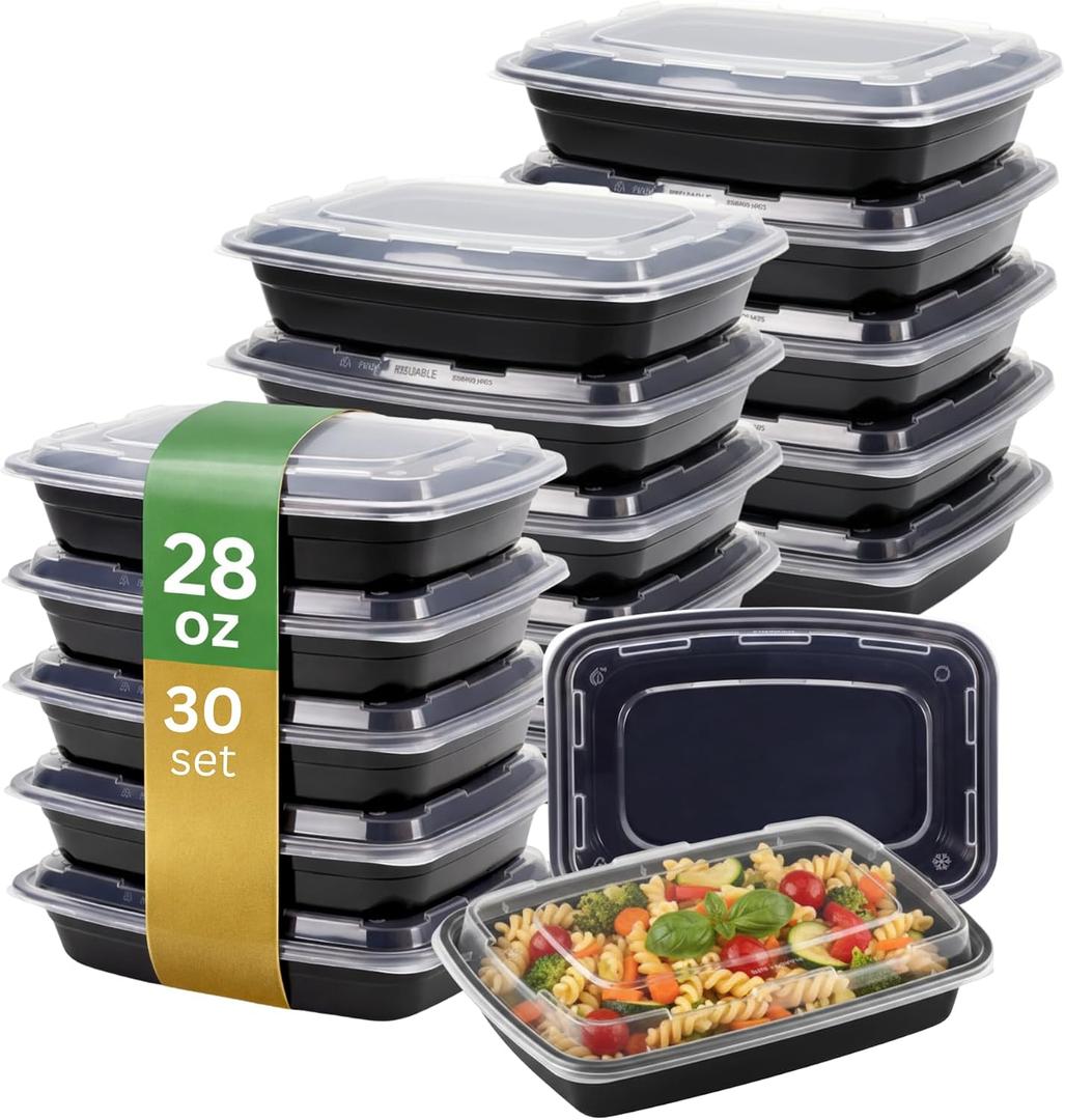 Meal Prep Containers [30 Pack] Rectangular Food Storage Containers with Lids, Bento Box, BPA Free, Stackable, Microwave/Dishwasher/Freezer Safe To Go Food Containers for Meal Prep (28 oz)