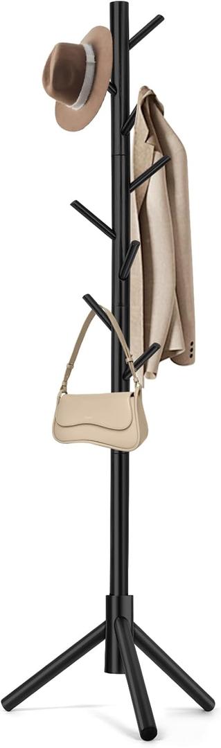 Coat Rack, Freestanding Coat Rack with 8 Hooks and 3 Adjustable Size Tree Coat Racks for Bedroom, Hallway, Entrance, Office, for Hats, Coats, Scarves, Handbags (Black)