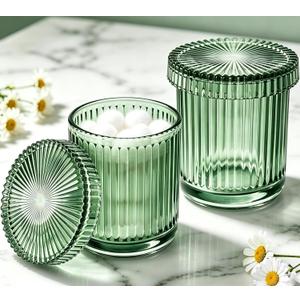 2 Pack Glass Qtip Holder Dispenser Set - Bathroom Organizer for Cotton Swabs, Balls, Pads, Floss Picks - Clear Apothecary Jars for Vanity, Makeup Storage, Bathroom Accessories Decor (Green)