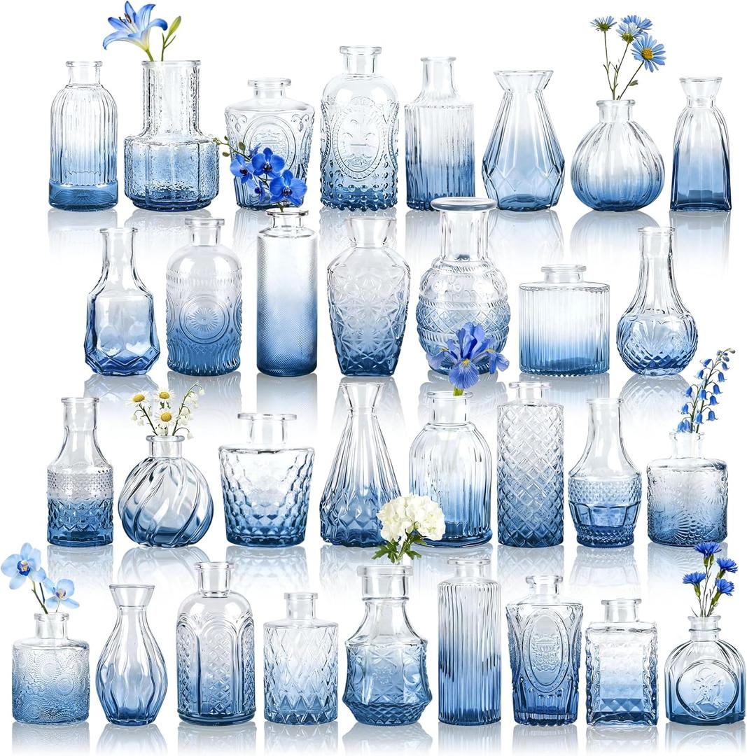 Der Rose Glass Bud Vases Set of 32 Small Blue Flower Vases for Rustic Wedding Centerpieces Table Decorations and Home Office Decor(Blue)