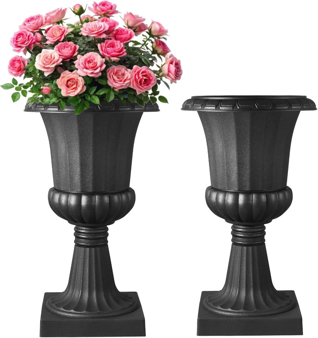 VEVOR Plastic Urn Planters, 15.8 x 26.4 Inch, 2 Pack Black Classic Flower Pots Front Porch Planters, Indoor & Outdoor Vase for Wedding, Party, Event, Home, Stage, Garden, Balcony, Patio Decoration