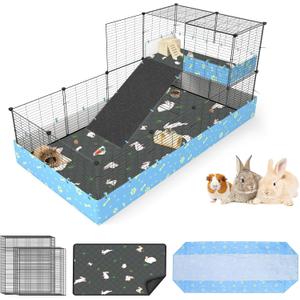 MODESLAB Guinea Pig Cages with Tarp and Bedding Pee Pad Liner, 2-Story Large Guinea Pig Playpen C&C Loft Cage for 2 Rabbit Bunny Chinchilla Small Animal Habitat for Indoor (2-Tier, full set)