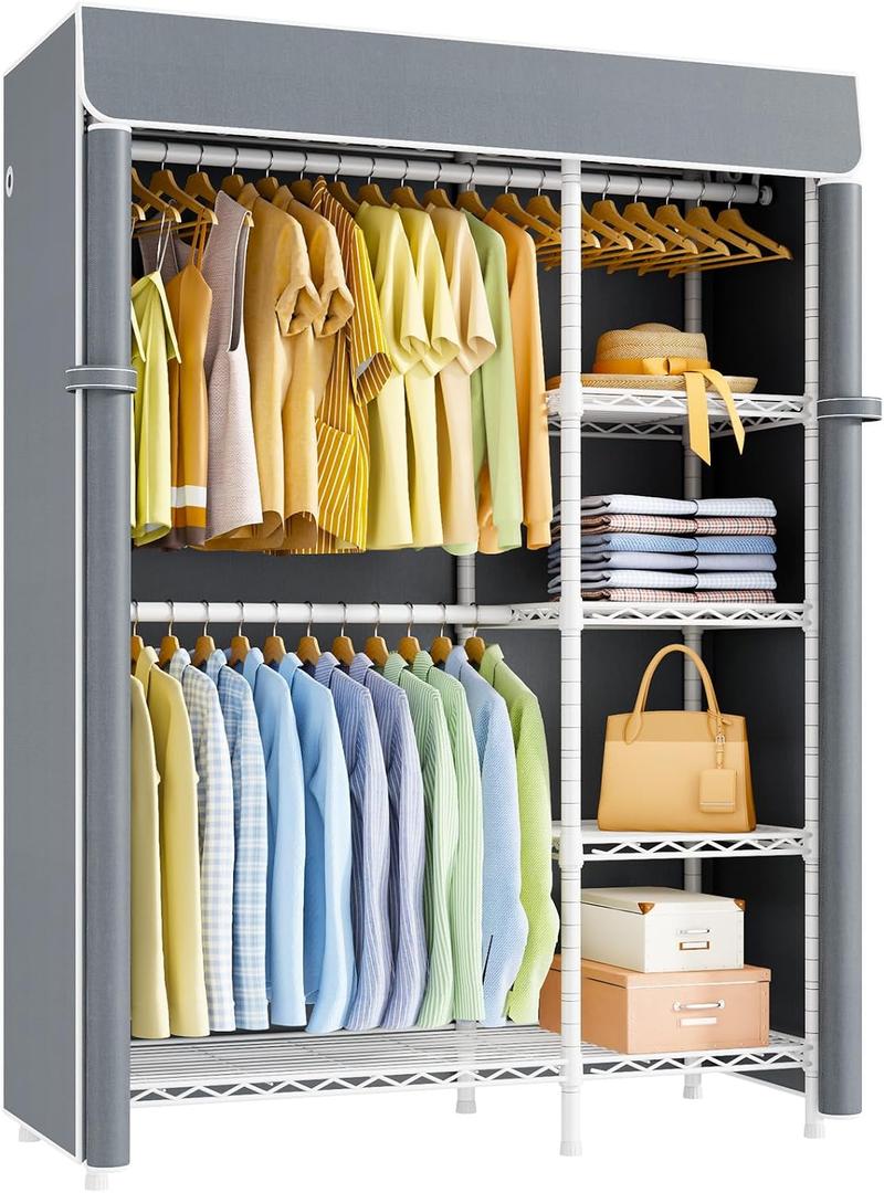 ULIFHOME F2C Clothes Rack with Cover, Clothing Racks for Hanging Clothes, Heavy Duty Garment Rack with Shelves and Hanger Rods, White Closet with Gray Cover, 47.2" W x 16.5" D x 78.3" H, Load 630lbs