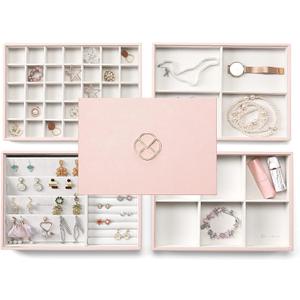 Vlando Jewelry Organizer - Stackable Trays for Drawer - Pink