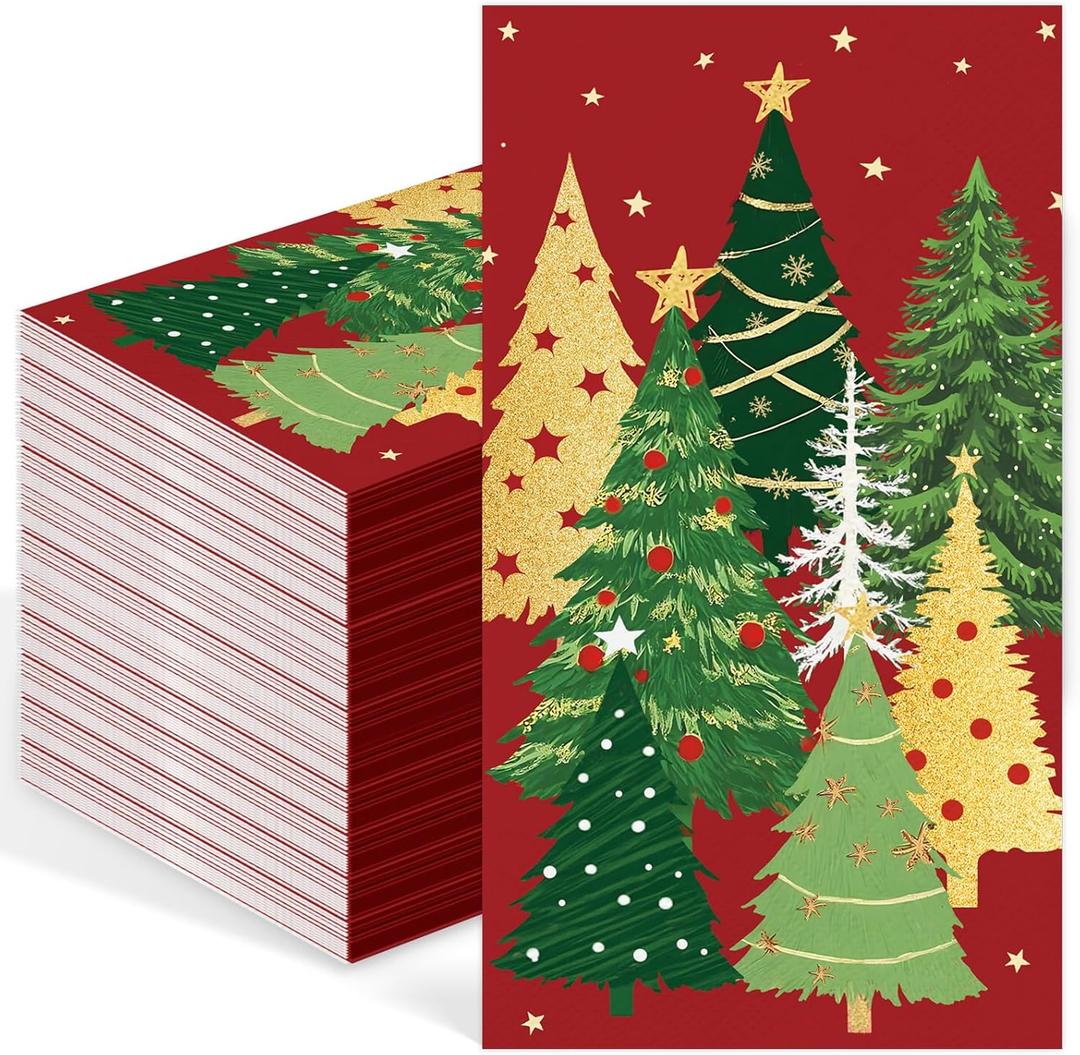 100 Pcs Christmas Paper Napkins 3 Ply Disposable Bathroom Guest Hand Towels Red Green Xmas Tree Winter Decorative Napkins for Kitchen Dinner Wedding Birthday Holiday Party