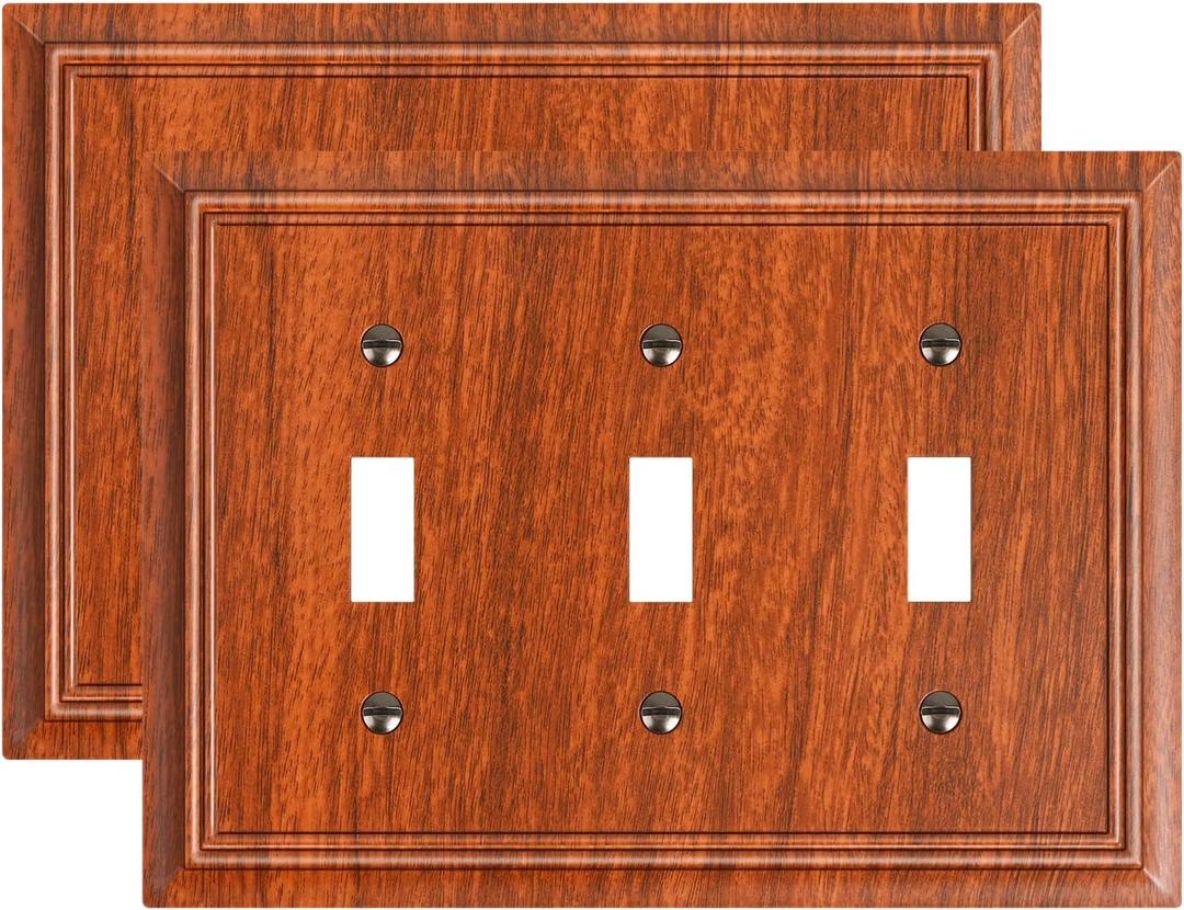 2-Pack Triple Toggle Light Switch Cover Plate, Durable Natural Bamboo Fiber Decorative Switch Plate Covers, Wood Grain 3 Gang Wall Plate, Corrosion Resistant