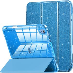 INFILAND Compatible with iPad 10th Generation Case, iPad Case 10th Generation 10.9 Inch, Glitter Leather Cover with Sparkly Crystal Clear Back, Pencil Holder, Anti-Yellowing (Royal Blue)