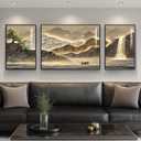 Framed Mountain Wall Art for Living Room, 3 Piece Brown Landscape Painting Prints, Modern Luxury Bright Style Pine Tree Waterfall Artwork for Dining Room,Hallway Office Wall Decor, 24" H x 64" W