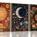 ZZTCYSU Celestial Canvas Wall Art Sun Moon Star Framed Wall Art Vintage Floral Prints Gothic Mystical Artwork Astrology Boho Decor For Living Room Bedroom Bathroom 16"x24"