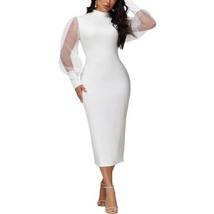 Ekaliy Women's See Through Bodycon Dress Sheer Mesh Long Puff Lantern Sleeve Dress Sexy Club Party Midi Dress Clubwear, Size XL
