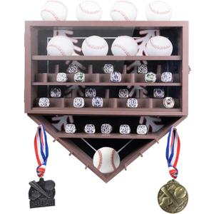 Baseball Ring Display Case, 17.9*16.9*4" , Accommodate 35 Rings, 9 Balls and 8 Medals, Championship Rings Medals Holder, Wall Mount Baseball Case Display, Equipped with a Dust-Proof Door