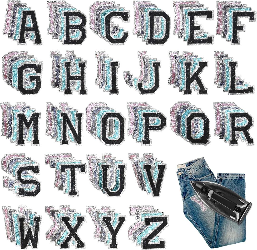 104PCS Iron On Letter Patches,Glitter Small Letter A-Z Iron On Alphabets Appliques for Clothes, Shiny Sequin Heat Transfer Vinyl Decals Decoration for Hats, Backpacks (Pink, Blue, Black, Silver)