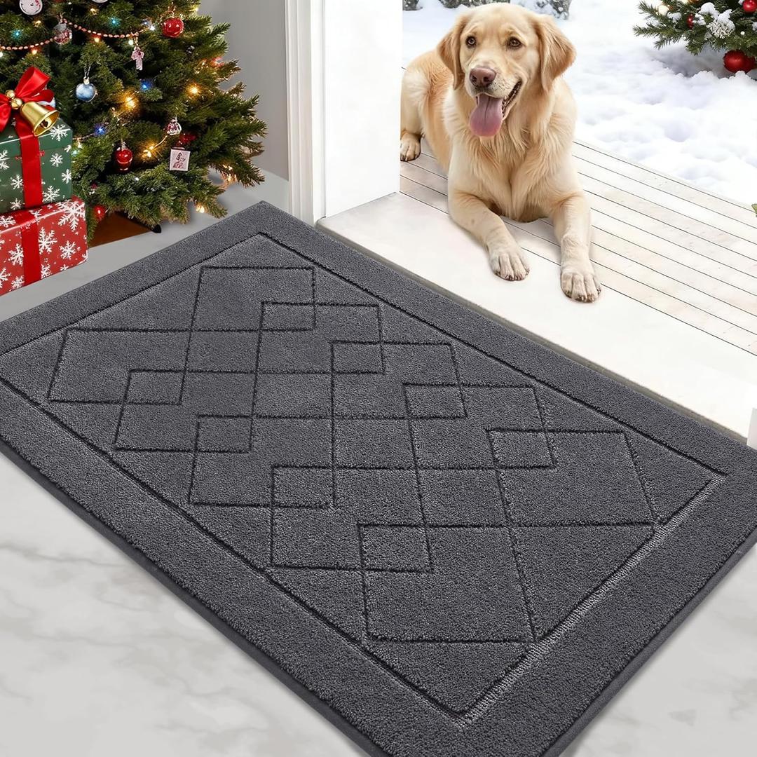 REFETONE Dirt Trapper Door Mat 24" x 36", Washable Indoor Doormat Rubber Backing Non Slip, Resist Dirt and Absorbent Entrance Mat, Low Profile Inside Floor Mats for Front Back Door and Entryway, Grey