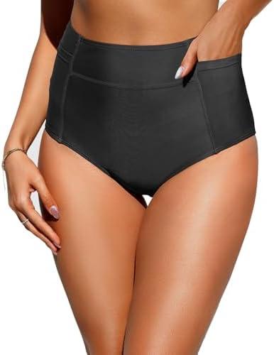 Tempt Me Women High Waisted Swimsuit Bikini Bottoms - Tummy Control Swim Bottom Full Coverage Bathing Suit with Pockets 2025,M