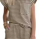 Tankaneo Womens 2 Piece Short Sets Striped Summer Outfits Cap Sleeve Tops and Elastic Waist Lounge Matching Set (Large, Khaki)