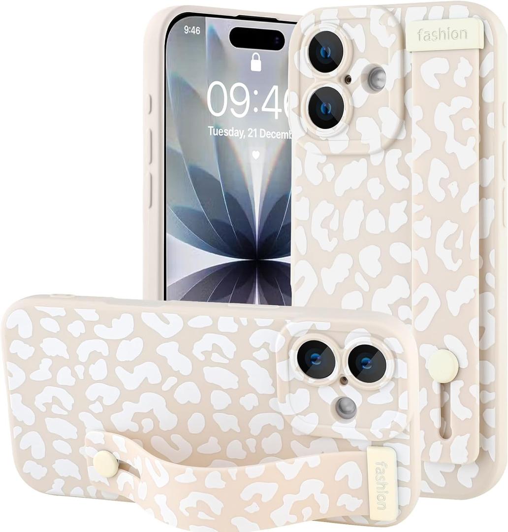 OOK Compatible with iPhone 17 Leopard Case with Wrist Strap, White Leopard Cheetah TPU Shockproof Protection Slim Cover with Camera Protection for Women Girls, for 6.3inch