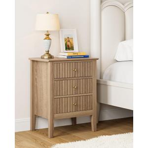 Fluted Nightstand, Farmhouse Night Stand with 3 Drawers, Mid Century Modern Side Accent Table, Bedside End Table for Bedroom, Living Room, Natural