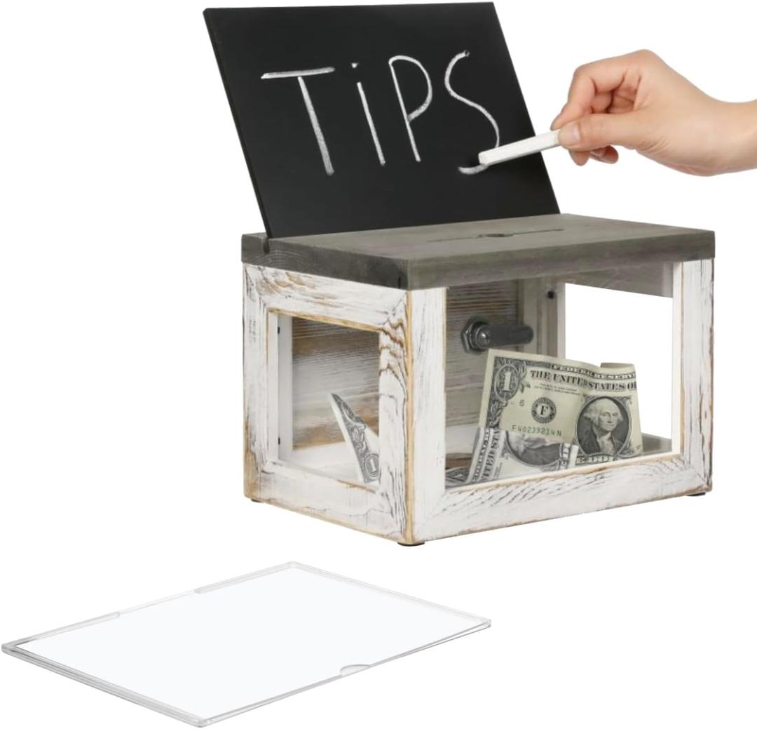 MyGift Tip Jar Box, Donation Offering Box Church, Suggestion Box with Clear Acrylic Panel, Lock, Key, Removable Chalkboard and Sign Holder, 9 x 6 Inch Whitewashed and Weathered Gray Wood